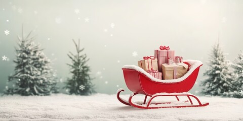 Red sleigh with gifts in snowy landscape