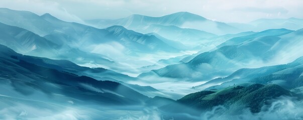 Misty hills with layers of blue and green, 4K hyperrealistic photo