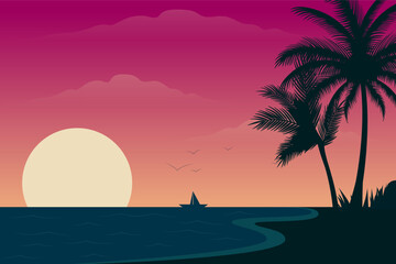 Obraz premium Vector Illustration of a Serene Beach Scene with Silhouetted Palm Trees, Calm Ocean, and a Boat on the Horizon, Capturing the Beauty of a Peaceful Evening by the Sea.