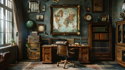 A vintage-style office with antique furniture and retro decor.