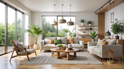 Fototapeta premium * Minimalist furnishings and neutral tones are paired with natural elements to create a tranquil home interior that