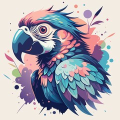 Naklejka premium Colorful parrot portrait design for T-shirt print with vibrant colors and artistic foliage background