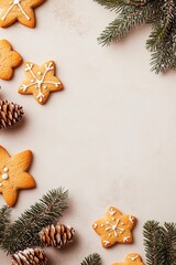 Gingerbread cookies and pine branches on beige background