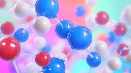 Abstract 3D rendering of a molecule composed of blue, red, and white spheres connected by lines against a colorful background.