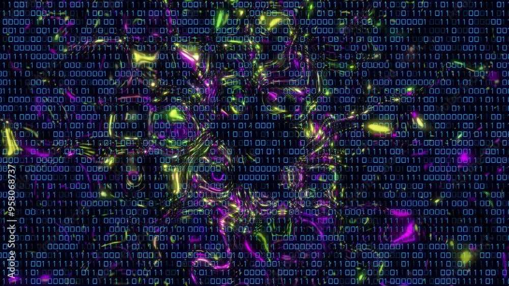 Poster Binary code animation over colorful abstract shapes on dark background