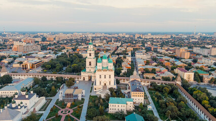 Astrakhan, Russia. Cathedral of the Assumption of the Blessed Virgin. Astrakhan Kremlin during sunset, Aerial View