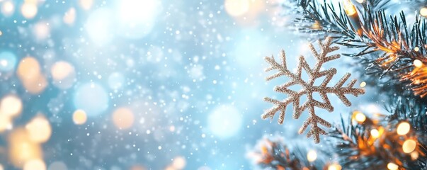 Snowflake on pine branch with festive lights, winter theme