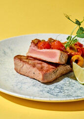 seared tuna steak is presented on against a yellow background. The tuna is sliced to reveal a beautiful pink center, and is topped with a medley of roasted cherry tomatoes and capers