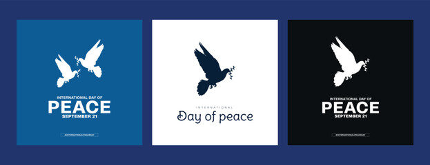 PrintInternational Day of Peace day social media post peace, international, symbol, wishes, card, three, post, social, media, humanity, template, banner, blue, celebration, leaf, september, pigeon, ma