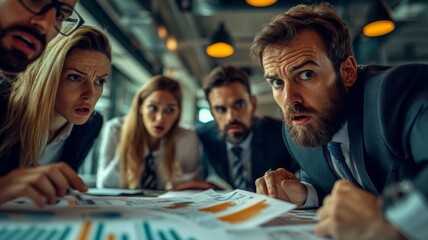 Business Team in Shocked Discussion Over Financial Reports in Modern Office Setting