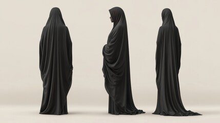 A blank mock up of a black hijab or khimar, showing the front, profile and back