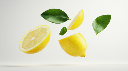 Yellow lemon slices falling with green leaves isolated on white background