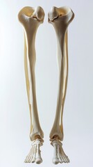 A pair of human leg bones, the tibia and fibula, are shown isolated on a white background.