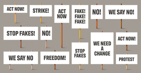 Blank white protest signs with text slogans on wooden holder. Various realistic vector demonstration banners. Strike action cardboard placard mockup. Social advertisement. Vector illustration