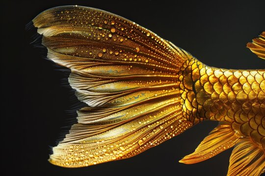 Fish Fins. Gold Perch Fins Isolated on Black Background representing Water Animal