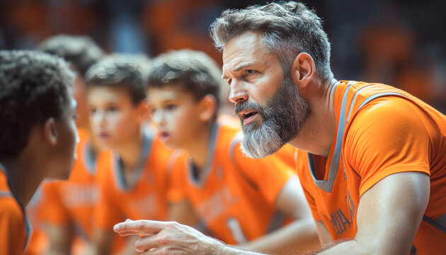 Basketball coach giving instructions during timeout on court