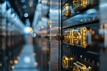 Secure individual safe deposit boxes with golden locks offering secure storage for valuables