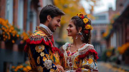 Fototapeta premium Portrait of Young Newly Married Belgium Couple in Traditional Handcrafted Floral Wedding Dress, Urban City Background, Celebrating Cultural Heritage and Love
