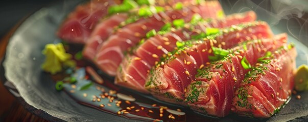 Seared ahi tuna with wasabi cream, 4K hyperrealistic photo