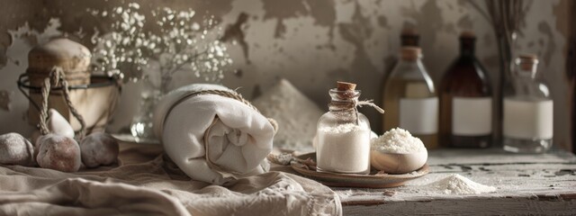 Rustic kitchen scene with natural ingredients and artisanal products