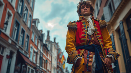 Fototapeta premium Portrait of Handsome Belgium Man in Traditional Old Costume in Modern Urban City Background, Highlighting Cultural Heritage and Modern Contrast