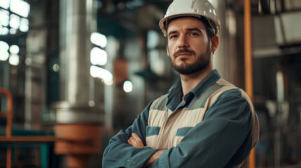 Portrait of Industry maintenance engineer man wearing uniform and safety hard hat on factory station. Industry, Engineer, construction concept