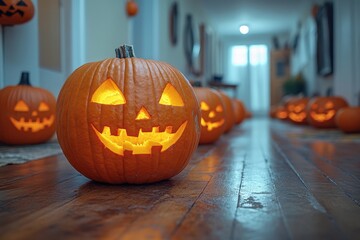 Fototapeta premium Glowing Jack-o'-Lanterns Lining a Spooky Hallway