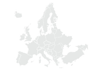 Map of Europe.for website layouts,background,education, precise,customizable,Travel worldwide,map silhouette backdrop,earth geography, political,reports. Grayscale style ,isolated on white background.