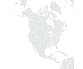 Obraz premium North America map for website layouts, education, precise,customizable,Travel worldwide,map silhouette backdrop,earth geography, political,reports.Grayscale style ,isolated on white backgroud