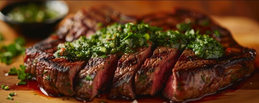Grilled sirloin steak with chimichurri sauce, 4K hyperrealistic photo