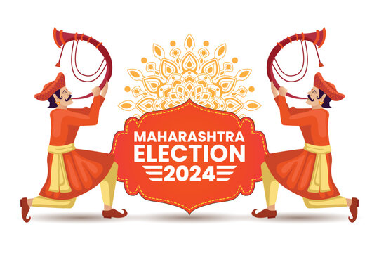 Maharashtra Election 2024 Illustration with Traditional Tutari Musicians and Election Banner
