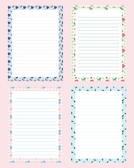 Vector set of cute kawaii notepad and memo pad with floral background for scrapbooking and planner