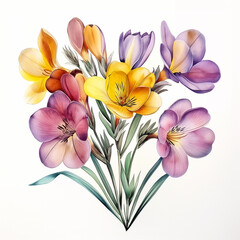 Fototapeta premium Yellow purple watercolour freesia summer flower bouquet illustration on white background. Floral blossom concept