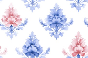 Fototapeta premium A seamless Baroque-inspired damask pattern in blue and red tones, rendered in watercolor style, features a continuous repeat on a white background. 
