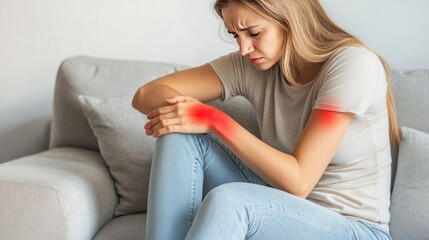 Obraz premium A young woman is sitting on a couch and holding her wrist in pain. The pain is highlighted in red.