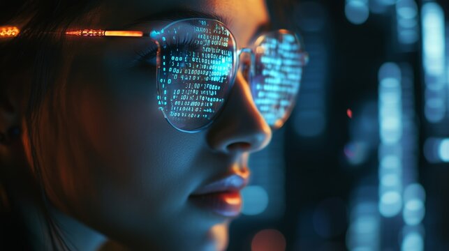 A young woman wearing glasses reflects digital data while focusing intently on a computer screen in a futuristic setting at night - Powered by Adobe
