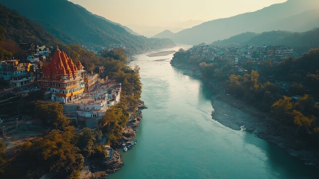 Aerial perspective of the stunning Rishikesh, with the Ganges River flowing through Himalayan foothills. No people.