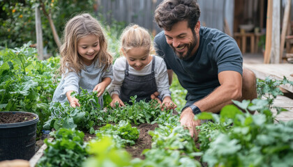 Happy family gardening together, father teaching daughters about plants in garden