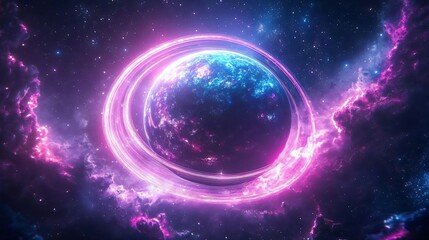 Obraz premium A breathtaking view of a vibrant planet surrounded by glowing cosmic elements in a rich, colorful galaxy.