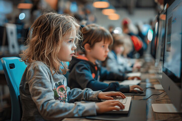 Computer science class of elementary school. Smart schoolgirl works on personal computer with headset and headphones. Schoolchildren get modern education. Generated by artificial intelligence