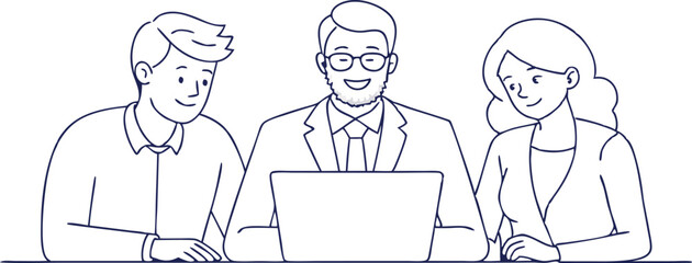 Happy professional executive team people managing project at work. Busy business man manager leader showing financial results to female partner using laptop computer at corporate office