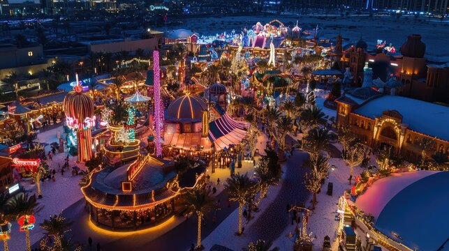 Aerial shot of Dubai's Global Village, a multicultural theme park with pavilions and festive lights. No people.