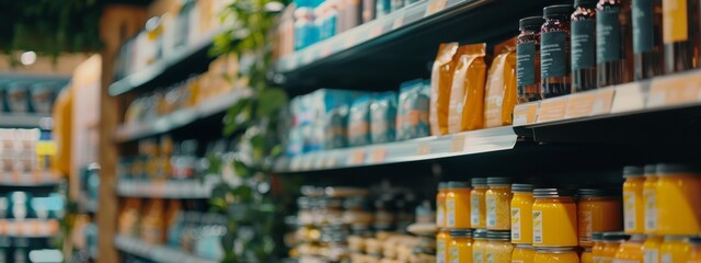 Fototapeta premium Grocery store aisle focused on neatly arranged jars and bottles