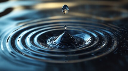 A drop of water falling into a large body of water. The water is calm and still, with ripples forming around the drop. Concept of tranquility and peacefulness