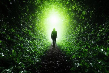 A silhouette of a person walking through a lush green forest, illuminated by bright light at the end of a natural pathway.