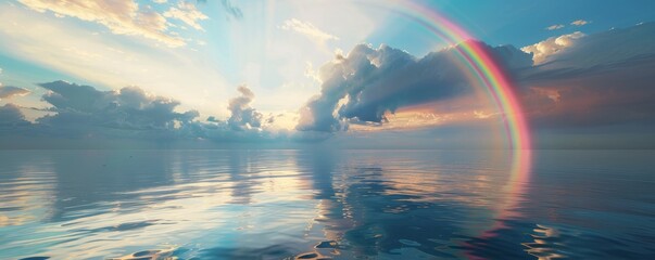 Rainbow reflected in calm ocean waters, 4K hyperrealistic photo