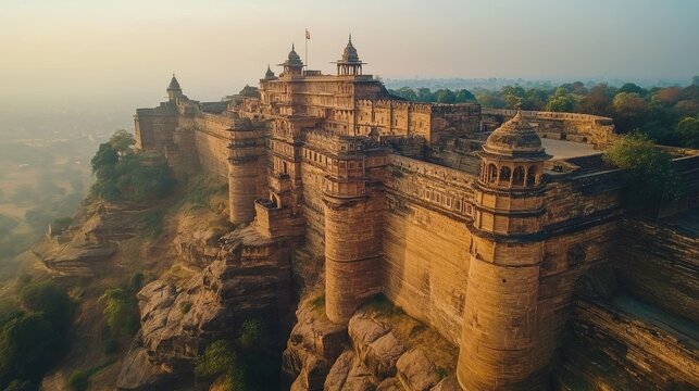 Aerial shot of the historic Gwalior Fort in Madhya Pradesh, standing tall on a rocky hilltop. No people.