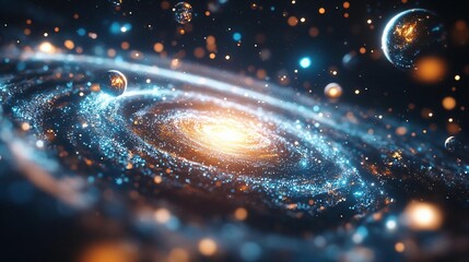 A stunning cosmic scene capturing the beauty of a swirling galaxy filled with vibrant stars and luminous celestial bodies.
