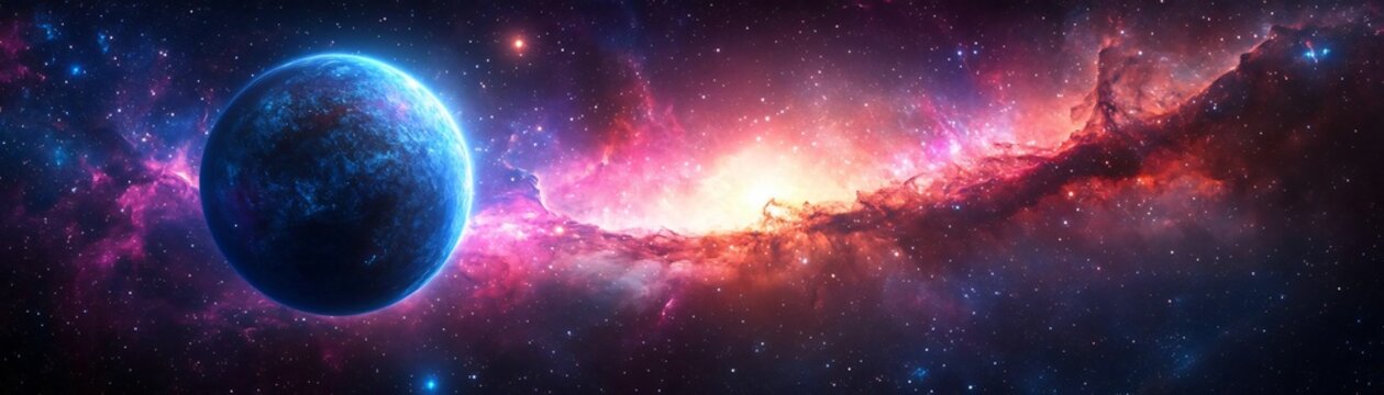 A stunning cosmic scene showcasing a vibrant galaxy and a distant planet illuminated by colorful nebula clouds.
