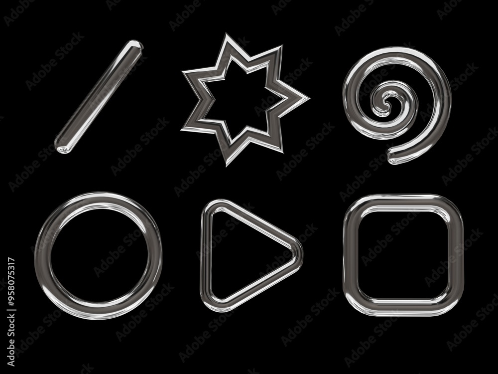 Fototapete 3d rendering of a set of geometric objects, icons, chrome elements isolated on a black background. a